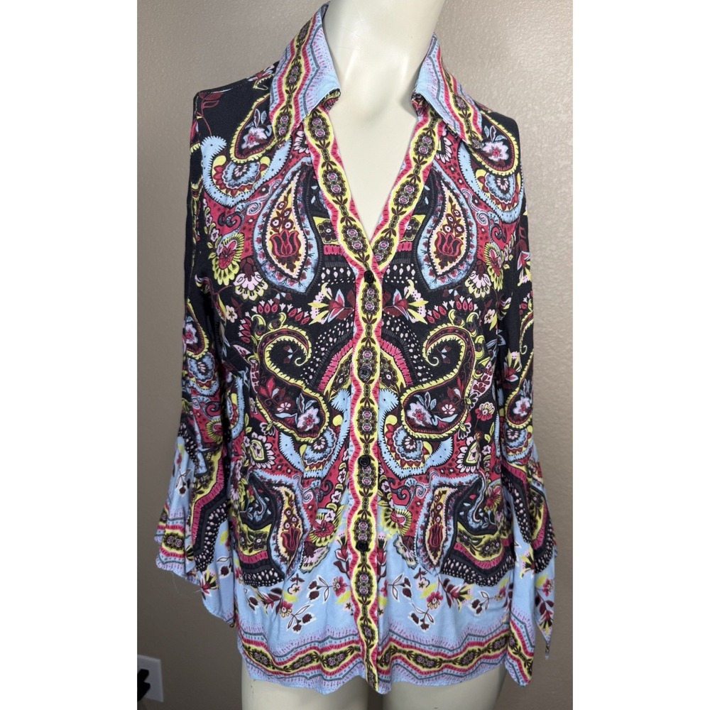 Boston Proper Sz S Paisley Floral Button Front Blouse Bell Sleeve Boho Top